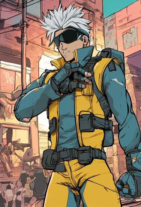 kakashi hatake, Estilo anime dos anos 90, fallout garoto de costas usando um traje scifi collant cinza claro com faixas neon de costas, um numero "1" aparecendo em amarelo no meio das costas