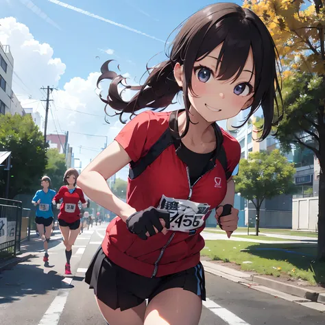 masutepiece, Best Quality, 8K_Wallpaper, (Beautiful eyes), ((Cute)), Cute, (lovely), (Park on a sunny day),1girl in,small tits,1 schoolgirl,Standing Girl,Smile,facial close-up、portlate(((Do a marathon)))、(((Jogging)))、((Red jersey))、