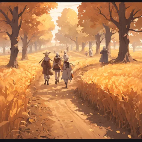 a group of ores and medieval peasants, traveling along the dirt road, in the middle of the cultivated fields, in the fields there are wheat, scarecrows and loads of wheat, there are twisted trees scattered along the road and they are losing their leaves be...