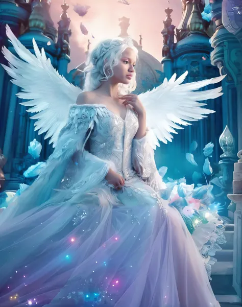 uma mulher de vestido branco sentada em um trono com asas, Ethereal Fantasy, Taylor Swift como um anjo celestial, ethereal fairy tale, ethereal wings, anjo bonito, Margot Robbie como uma fada, Emma Watson como um anjo, fada astral, arte de fantasia muito b...