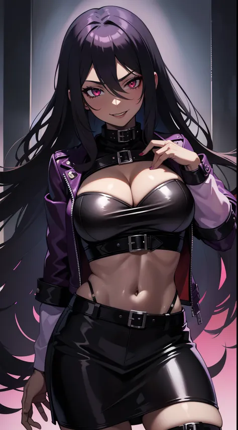 Adult woman, black skin, long purple hair, red eyes, purple top, leather jacket, leather skirt, smirk, open belly, open breasts, black lipstick, Masterpiece, hiquality