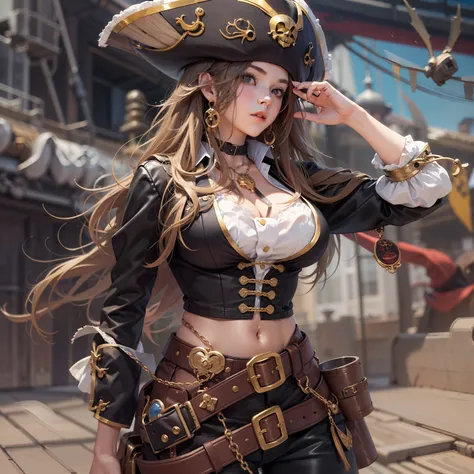 (Best Quality), (masutepiece), (1girl in), Solo, Beautiful Girl, Perfect face, Perfect body, Big Breast, Pirate Costume, Cool pose