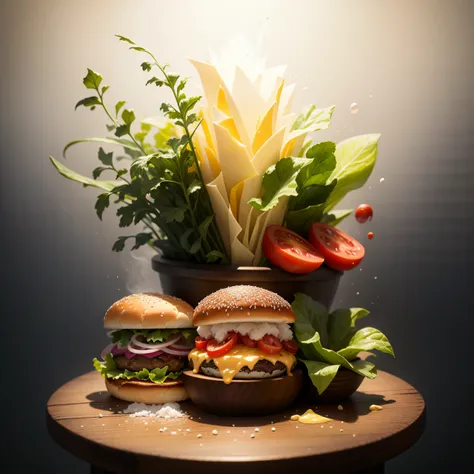 Flying food photography with [Two Burgers] as the main subject, Splashes of Toppings and Seasonings, [Rocket Lettuce], [Cheddar Flavored Cheese], [Onion], [Pickles], [Special Sauce], [Sesame Bun], [ sea salt crystals] ::3 Capturing the dynamic splashes of ...