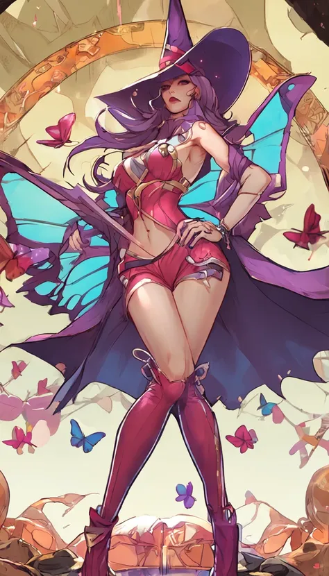 colorful butterfly,girl,bikini,upper body,witch hat,(detailed face:1.2), (medium breasts),(cleavage),(thigh bands),long hair,asymmetrical bangs,Tarot border,The portrait is centered,(no weapon),(bouncing breasts),