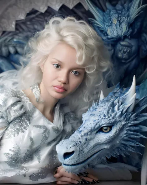 Blonde woman with white hair and blue dragon head, with magical creatures, fantasy photoshoot, Kerli Koov, Rainha do gelo e da tempestade, pomba cameron em uma armadura de cavaleiro, Fotografia de modelagem Kerli Koiv, rainha do gelo, Princesa do gelo, Yel...