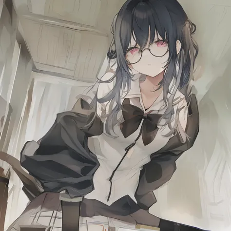 １７Year old schoolgirl　High school girl in black high socks Japan　puffed out cheeks　Fume　Lack of eye power　The skirt is ironed　The shirt is ironed　The tie is about to come off　plaid skirts　Glasses twin tail rough sketch　The contours are not black　Outlines a...