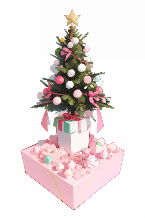 d vector set of Christmas tree icons in the style of atey ghailan, mixes realisitic pink and white decorated colored theme and fantastical elements, candy core realistic and hyper-detailed renderings, low poly, soft muted color palette, watercolor isolate ...