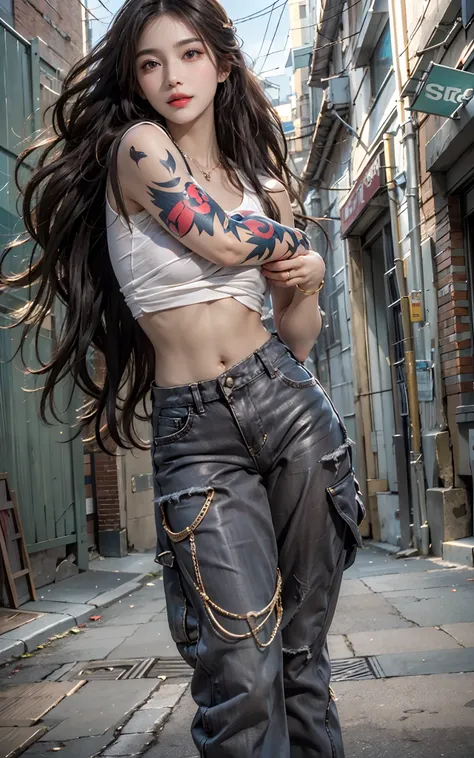 Photorealistic, High resolution, Soft light,1womanl, Solo, hips up high, (Detailed face),The tattoo, Jewelry, street wear, Beautiful Soldier, An eye that invites the viewer, Lovers perspective, inviting expression, Sexy smile, Perfect Style, Perfect balanc...