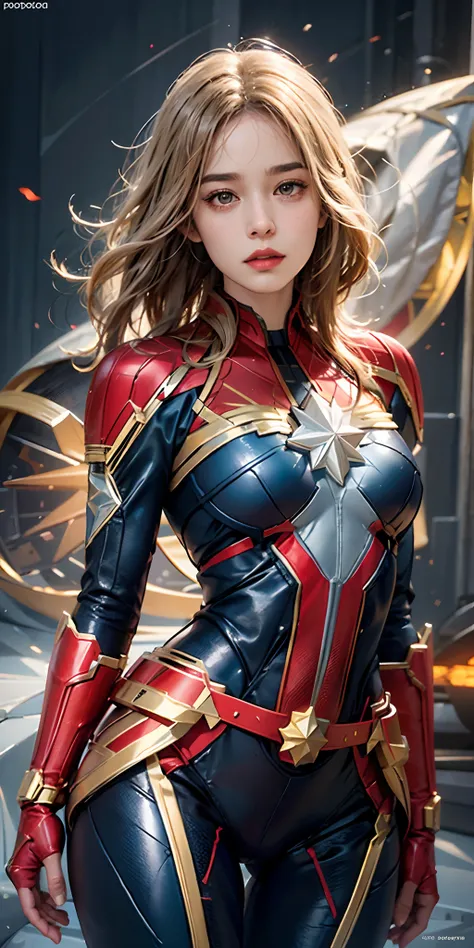 photorealistic, high resolution, soft light,1women, solo, hips up, shining skin, (detailed face), captain marvel costume