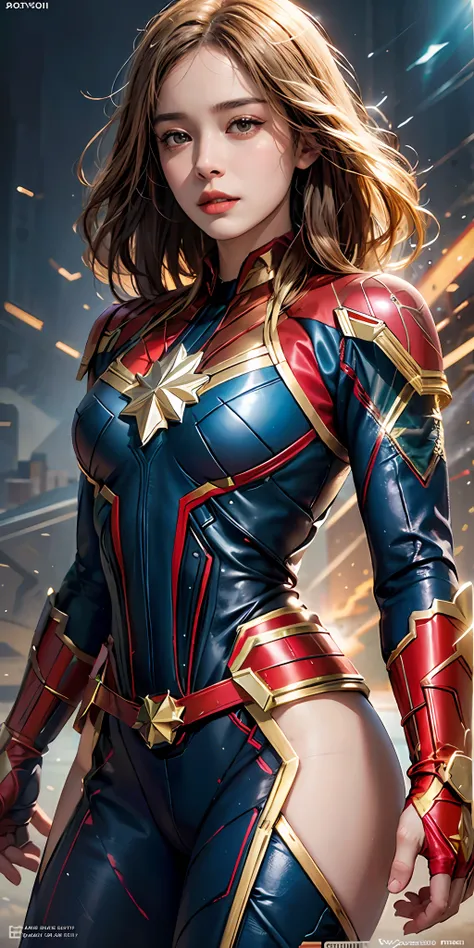 photorealistic, high resolution, soft light,1women, solo, hips up, shining skin, (detailed face), captain marvel costume