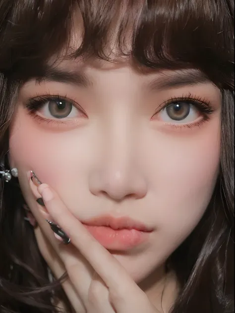 Close up portrait of woman with long hair and black nail polish, popular south korean makeup, Popular Korean Makeup, Realistic beautiful big eyes, Light Brown Piercing Eye, with cute doting eyes, Perfect face and eyes, cute round slanted eyes, Beautiful pi...