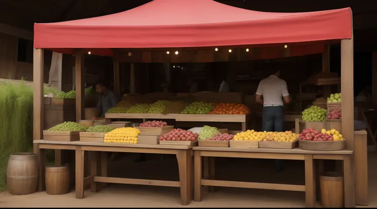 There is a wooden stand with a table with food, Stand colorido do mercado, Tema Velho Oeste, estande de frutas coloridas, Tema Cowboy, vendedor de salsa, Rustic, Farmers Market Scenario, market setting, Fantastic seller interior, barraca de comida, by Alme...