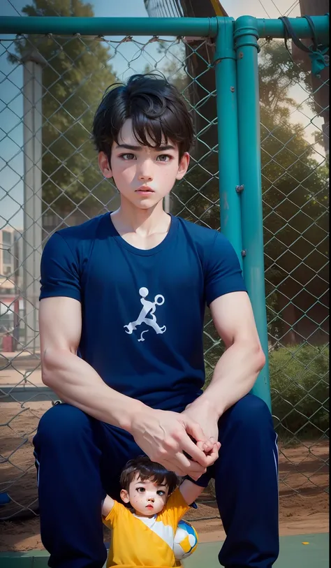 (Pixar 1.23 style) 1 boy ((upper body front, bust shot)), solo, cute kid, brunette, pretty tracksuit, boy, korean child, playground, ((masterpiece, highest quality)), (composite lighting)