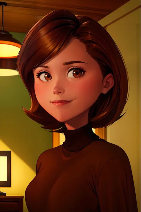 helen parr, masterpiece, best quality, solo, brown hair, brown eyes, turtleneck, sweater, smile, short hair, turtleneck sweater,...