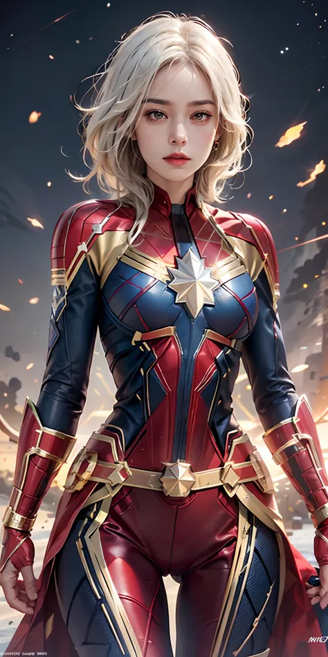 photorealistic, high resolution, soft light,1women, solo, hips up, shining skin, (detailed face), captain marvel costume, white hair