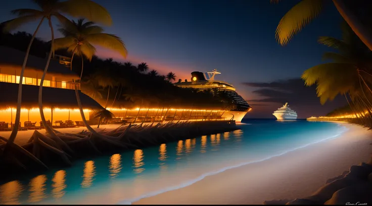 A beach with coconut tress and a cruise ship at night