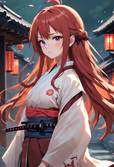 anime girl redhead long hair wearing samurai clothing waifu style