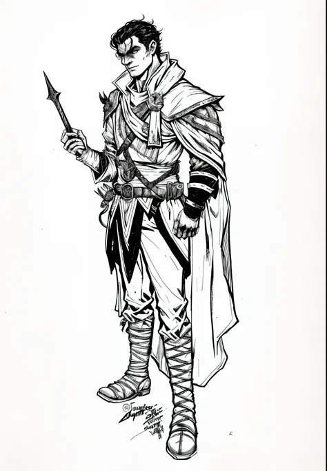 um desenho de um homem em um traje segurando uma espada, d & d estilo retrato de corpo inteiro, Retrato de personagem DND de corpo inteiro, d&d character commission, bola lineart, Elfo Ranger Masculino, como um caractere dnd, RPG Retrato Corpo Inteiro, Car...