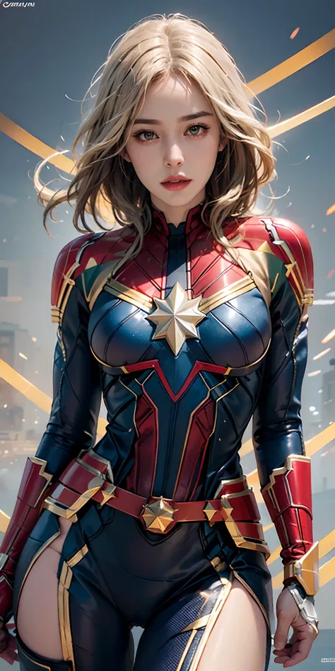 photorealistic, high resolution, soft light,1women, solo, hips up, shining skin, (detailed face), captain marvel costume, jewelry, tattoo