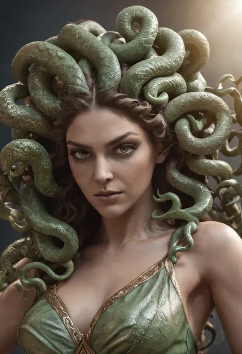 ((medusa monster from Greek mythology)), ((best quality)), ((masterpiece)), ((realistic)), full body, the hair is composed of countless small snakes, female face, metal carved top, royal aura, trend on artstation , sharp focus, studio photo, intricate deta...