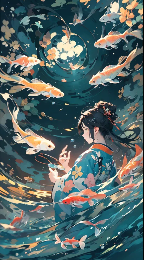 action  shot, hanfu girls swim surrounded by flocks of koi , spiral mode, underwater perspective, look up at the sky under the s...