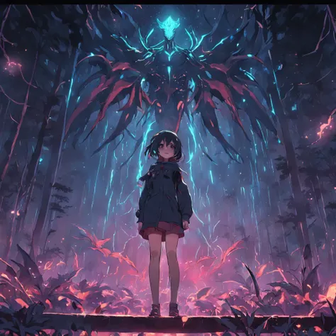 Bei Nacht, A girl stands in the middle of the forest and is kidnapped by a gigantic alien in the sky, Neonlichter, Objektiv-Burn (Objektiv-Burn), Chromatischer Freak, 8k resolution, Ultra-realistisch, Perfekte Beschattung