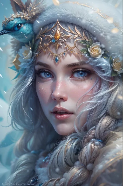 This is a realistic fantasy artwork taking place in a subzero cold winter landscape. Generate a stately, elegant, and graceful Pocahontas elf in a magical world of stunning gilded roses with multicolors and shimmering ice glittering in the light. Her face ...