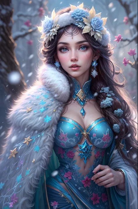 This is a realistic fantasy artwork taking place in a subzero cold winter landscape. Generate a stately, elegant, and graceful Pocahontas elf in a magical world of stunning gilded roses with multicolors and shimmering ice glittering in the light. Her face ...