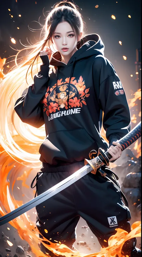 Illustration of double katana colorful, Ignite a fire, Smoke and waves, Japanese style artwork, Detailed design of streetwear and urban style t-shirt design, Hoodies, etc. Professional vectors, High quality, Digital art, bold line, Tough line, Circle logo.