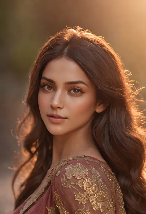 an ultra realistic shot of a very beautiful Indian modern woman with gorgeous brown hair posing for a picture, extremely detailed and clear facial features, realistic barbie doll, realistic anime art style, The color palette consists of warm, golden tones ...