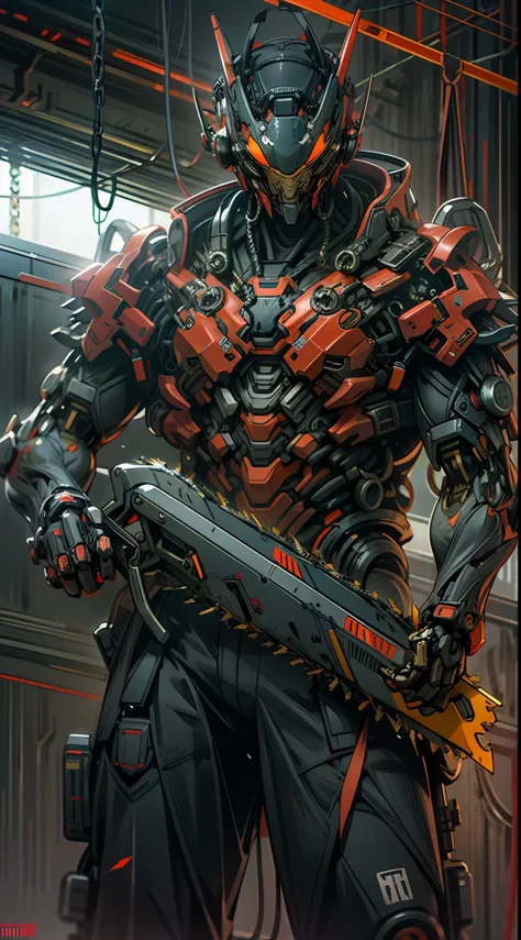 Dark_Fantasy,Cyberpunk,(chain saw,chain saw man,Red:1.1),1man,Mechanical marvel,Robotic presence,Cybernetic guardian,