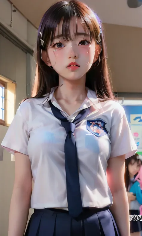 K-uniform with a very sad face and lots of tears, Seifuku, a hyperrealistic schoolgirl, girl wearing school uniform, Japan school uniform, a hyperrealistic schoolgirl, japanese girl school uniform, wearing japanese school uniform, School Girl, jaeyeon nam,...