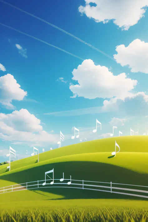 Musical Notes, sky sunny, green field, 3D Rndering, wonderful.