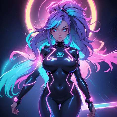 woman, age 30, milf, surrounded by neon lights and holographic projections, her outfit and hair glowing in vibrant, electric hues