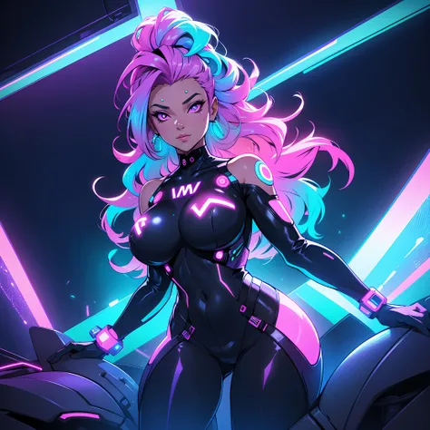 woman, age 30, milf, surrounded by neon lights and holographic projections, her outfit and hair glowing in vibrant, electric hues