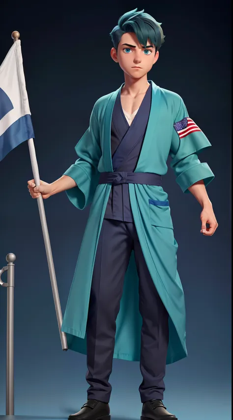 A boy frontal((full bodyesbian).(blue short hair)(Gray-green robe),(Blue-black shirt),(Hold a big flag),Young，solid color backdrop