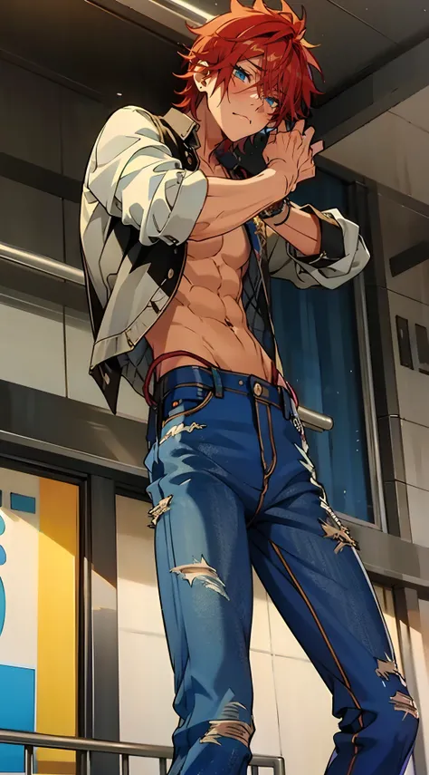 rinne, solo, portrait, bust, 1boy, red hair, blue eyes, shirtless, abs, denim, jeans, blue pants, torn pants, torn jeans