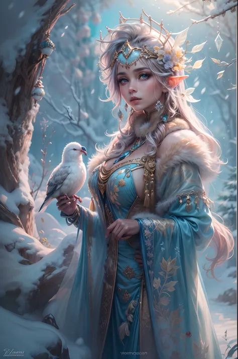 this is a realistic fantasy artwork taking place in a subzero cold winter landscape. generate a stately, elegant, and graceful p...