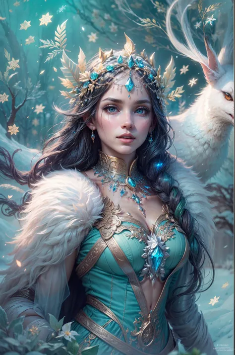 This is a realistic fantasy artwork taking place in a subzero cold winter landscape. Generate a stately, elegant, and graceful Pocahontas elf in a magical world of stunning gilded roses with multicolors and shimmering ice glittering in the light. Her face ...