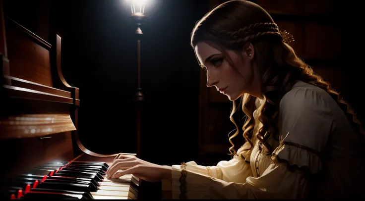 fotografia retrato, bela jovem mulher tocando 1piano, ((Tocar piano)) Steampunk with transparent western tunic dress, Encharcado, sad eyes visible through the hair, proper eye position, pele natural, luz de fundo, cinematiclight, Anel luminoso, luz suave, ...