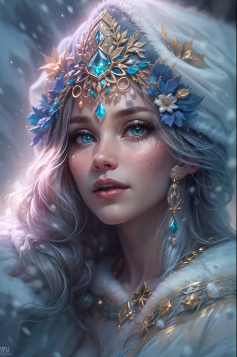 This is a realistic fantasy artwork taking place in a subzero cold winter landscape. Generate a stately, elegant, and graceful Pocahontas elf in a magical world of stunning gilded roses with multicolors and shimmering ice glittering in the light. Her face ...