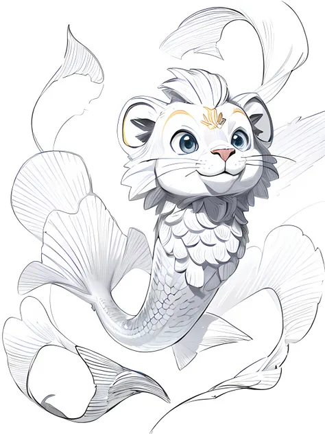 tmasterpiece, Lions head fish, With a smile, Fish length, Thin, Lovely head,white backgrounid, single body, dessin au trait, ((Sketch factory))tmasterpiece, best qualityer,