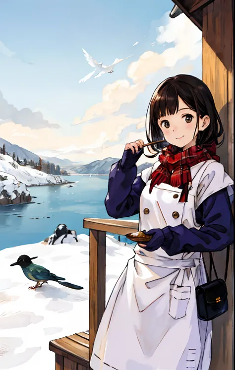 best quality, detailed background, girl,sea, cafeteria, bird, snow, winter,