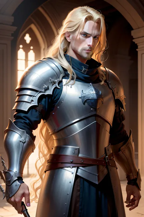 man, handsome, 8k, European, 30 years old, long blonde hair, blue eyes, aggressive facial expression, on crusade, knight