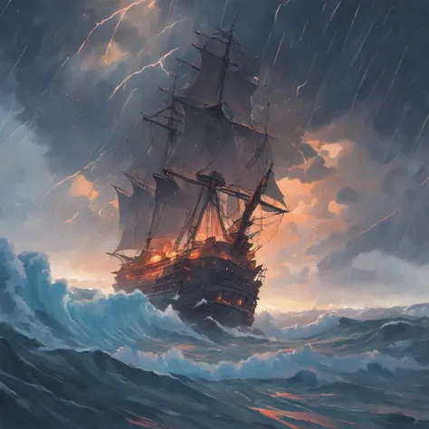 Um navio pirata em uma tempestade tempestuosa com nuvens escuras, redemoinho engolindo o navio, Grandes ondas inundaram a estrada, Detailed oil painting, A chama queima, Unreal rendering 5, RHADS, Sargent e Ryan Decker, Savlasov Levitan Polenov, Por Bruce ...