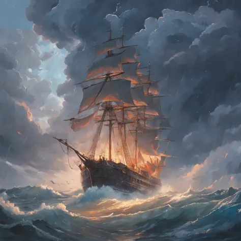 Um navio pirata em uma tempestade tempestuosa com nuvens escuras, redemoinho engolindo o navio, Grandes ondas inundaram a estrada, Detailed oil painting, A chama queima, Unreal rendering 5, RHADS, Sargent e Ryan Decker, Savlasov Levitan Polenov, Por Bruce ...