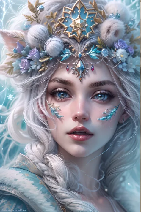 This is a realistic fantasy artwork taking place in a subzero cold winter landscape. Generate a stately, elegant, and graceful Pocahontas elf in a magical world of stunning gilded roses with multicolors and shimmering ice glittering in the light. Her face ...