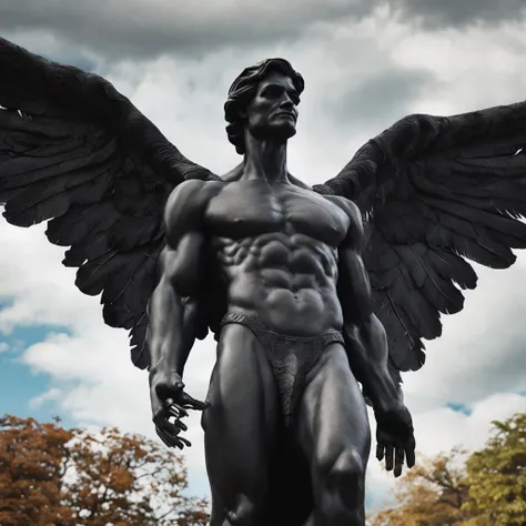 a close up of a black statue with large wings, faceless humanoid male, angel devoid of a face, angel of death, unreal engine render + a god, villain has black wings, no face, plain face, muscular build, garden background, intricate garden background,