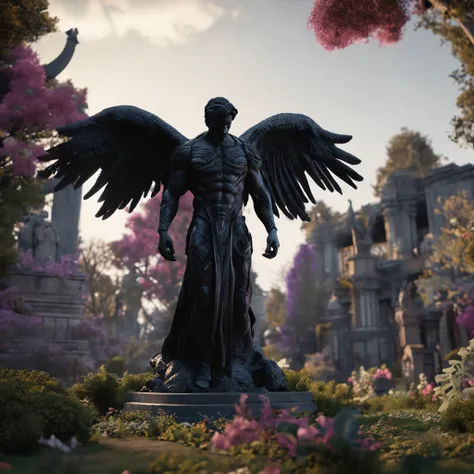 a close up of a black statue with large wings, faceless humanoid male, angel devoid of a face, angel of death, unreal engine render + a god, villain has black wings, no face, plain face, muscular build, garden background, intricate garden background,