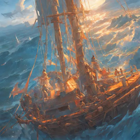 Um navio pirata em um mar calmo e sem ondas, Sky has no clouds, Detailed oil painting, Unreal rendering 5, RHADS, Sargent e Ryan Decker, Savlasov Levitan Polenov, Por Bruce Pennington, por Ghibli studio, Tim Hildebrandt, arte digital, pintura de paisagem, ...